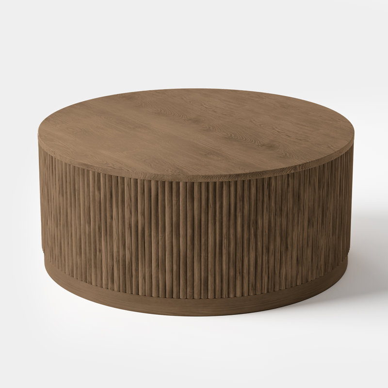 Chibuzor 36"W Round Coffee Table With Ash & Oak, Handcrafted Solid Wood Fluted Design, Brown