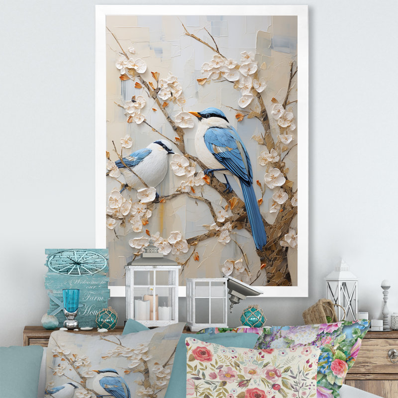 «Cherry Blossoms», art mural sur toile, oiseaux du paradis minimalisme, H 44 po x l 34 po x P 1,5 po, Blanc