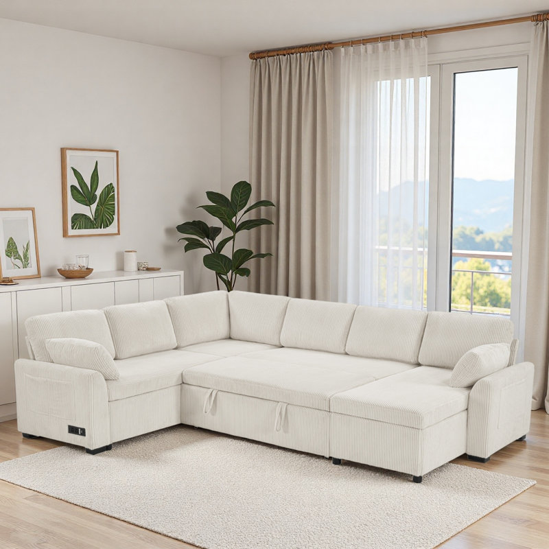 Canapé-lit modulaire convertible avec méridienne réversible, poches de rangement et dispositifs de chargement, Chenille beige