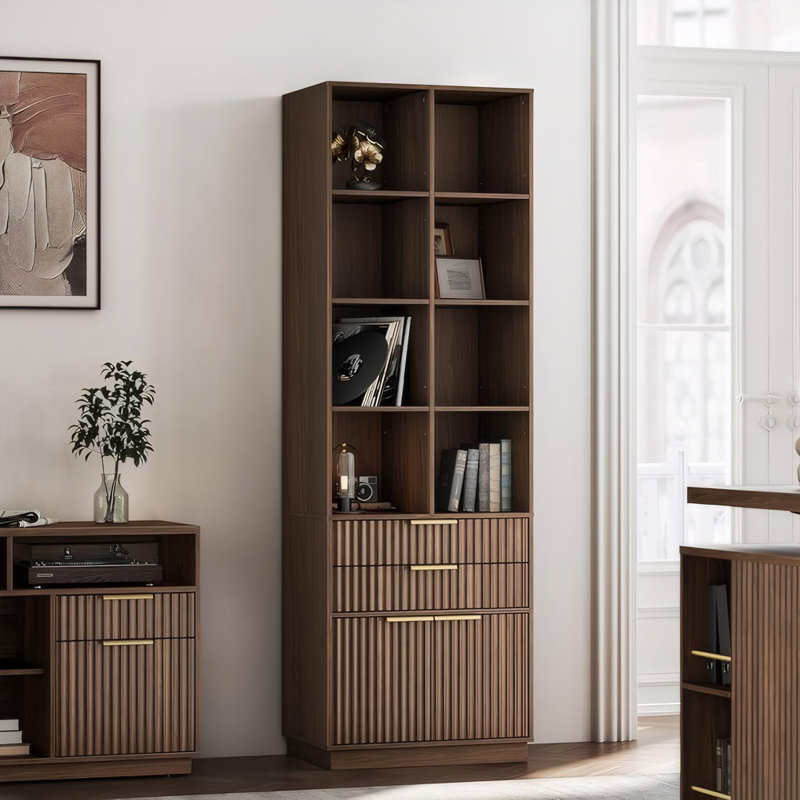 73'' H X 23.6'' W Tall Bookcase With 2 Drawers & Storage Cabinet, Walnut