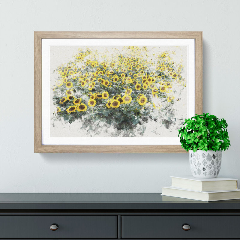Field of Yellow Sunflowers - Picture Frame Painting Print, Oak Framed, 36cm H x 48cm W