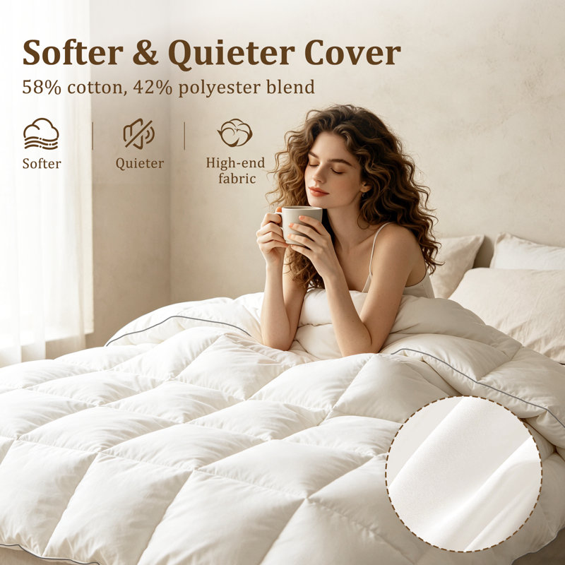 Goose Down Feather Fiber Comforter, Hypoallergenic 100% Cotton Duvet Insert, Luxury Hotel All Seasons Bedding, Queen