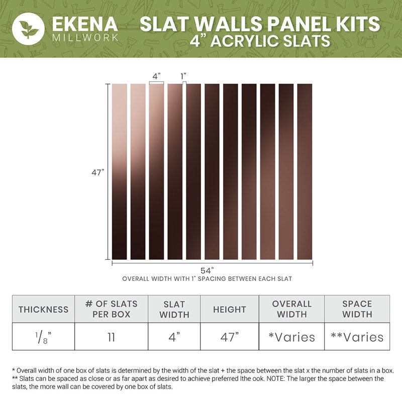 Adjustable Acrylic Slat Wall Panel Kit w/ 4"W Slats, Bronze Mirror, 47" H x 44" W