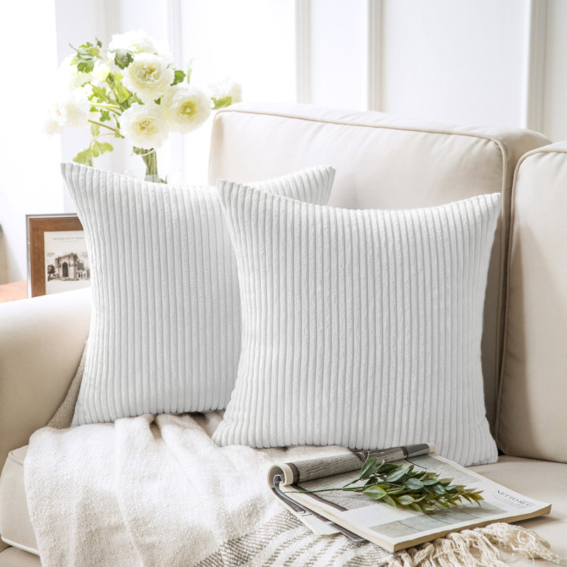 Coussin décoratif en velours côtelé rayé, coussin décoratif texturé de couleur unie, Square 18", True White