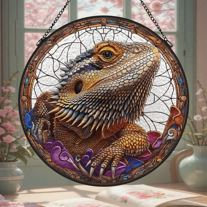 Panneaux de vitrail à motif de dragon barbu, attrape-soleil pour la décoration de fenêtre, 9,8 x 9,8 po (25 x 25 cm)