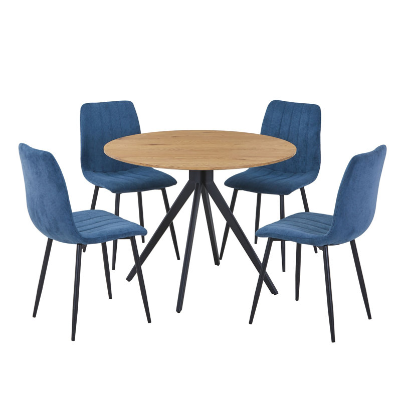 Aspen Light Oak Round Dining Table with 4 Straight Stitch Upholstered Fabric Chairs - Modern Dining Set, Blue