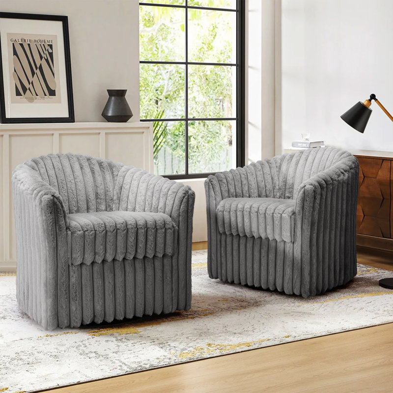 Aunna 78.2Cm Wide Swivel Barrel Chair, Grey Faux Fur