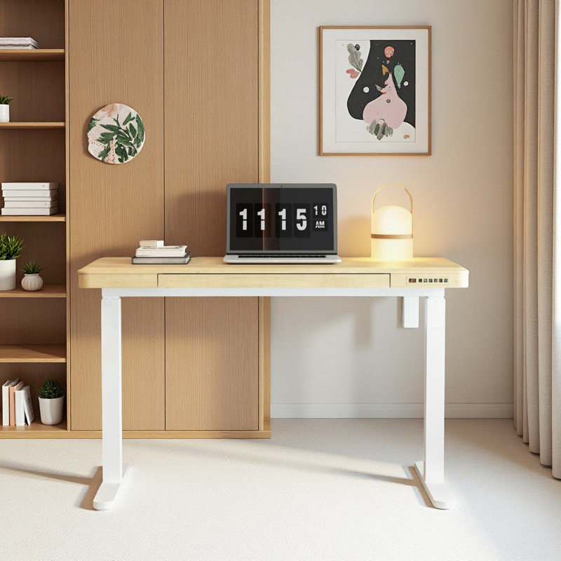 Bureau debout électrique à hauteur réglable avec tiroirs Caritta, Naturel / Blanc
