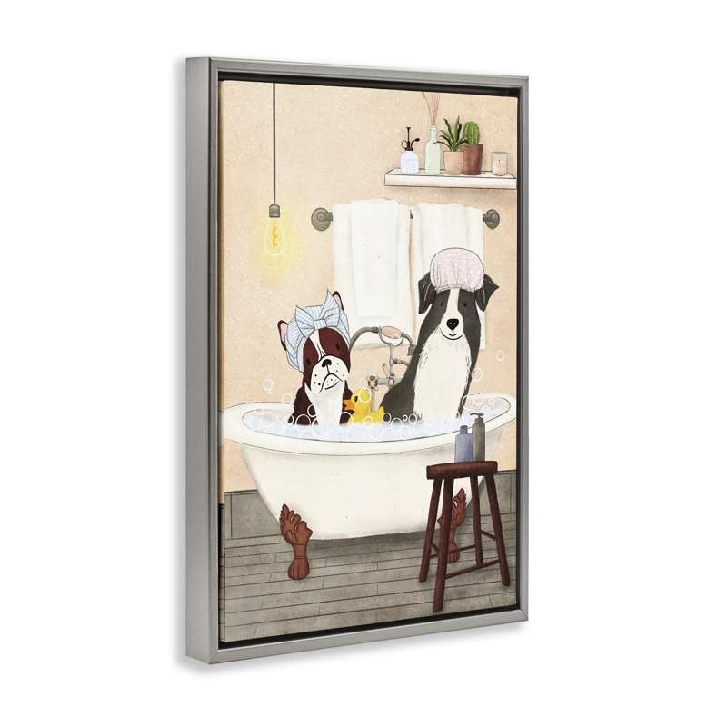 Toile flottante encadrée Doggie Bath Time par JJ Design House, LLC., Cadre flottant gris lustré, H 31 po x l 21 po