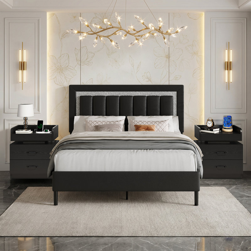 Ensemble de lit plateforme tapissier Diamond, Complète, Noir