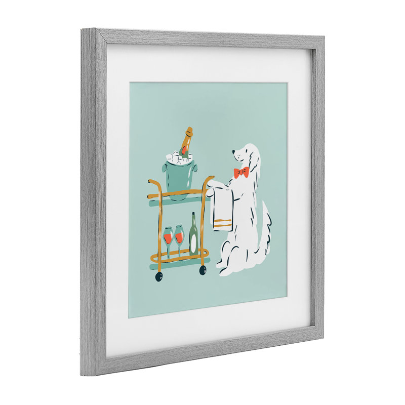 «Doggie Drink Cart», reproduction encadrée sous verre, conception de Krissy Mast, H 13 po x l 13 po, Cadre de ferme gris