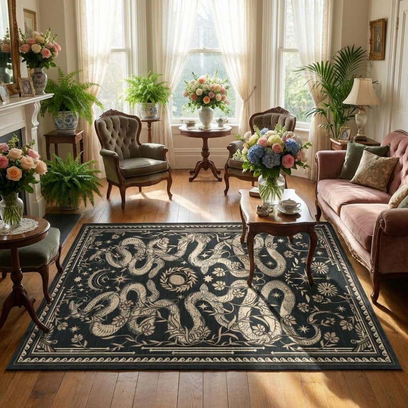 Washable Area Rug 5x7 9x12 – Non-Slip mark Resistant Carpet for Living Room Bedroom Nursery – Modern Forest Jungle Accent Snake – Dark Grey/Blue/Green