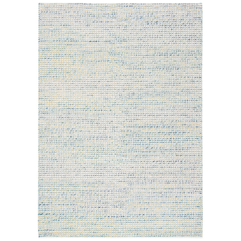 Tapis ivoire / bleu en laine tissé à la main, Rectangle 8 pi x 10 pi