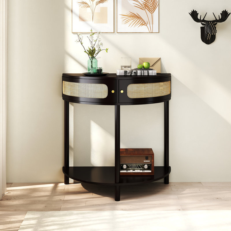 Unique Half Moon Design End Table With Sliding Rattan Door,Elegant Semi-Circle Entryway Console Table With 2 Rattan Storage Cabinet And Bottom Shelf