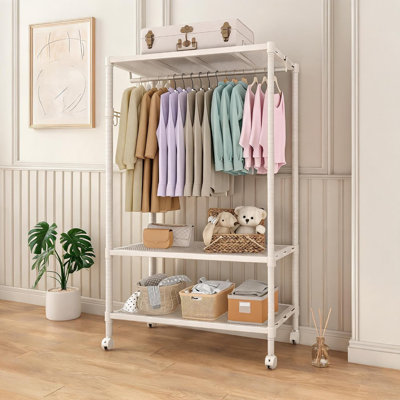 Portant à vêtements robuste avec roulettes, support à vêtements à 3 niveaux avec tablettes réglables et crochets latéraux, support à vêtements autoportant en métal pour chambre à coucher, vestiaire, beige