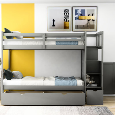Lit superposé avec lit simple supérieur et ensemble de couchage polyvalent - Gris au-dessus d'un tiroir pratique