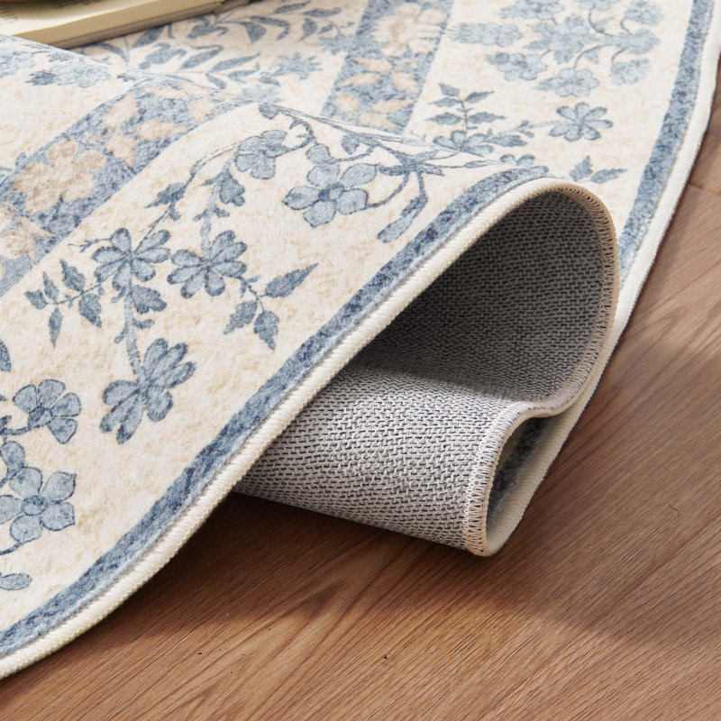 Floral Machine Washable Area Rug, Half-oval 3'7" x 5'5", Blue