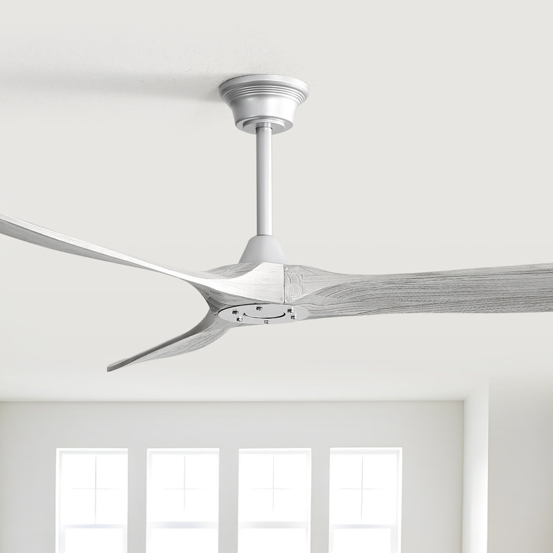 Kemp 60" 3-Solid Wood Blade Indoor/Outdoor Large Ceiling Fan With Remote,no light, Silver with Gray Blades