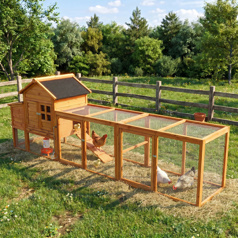 Poulailler en bois avec nichoir et enclos, poulailler résistant aux intempéries pour 4 à 6 poulets, bois de sapin orange