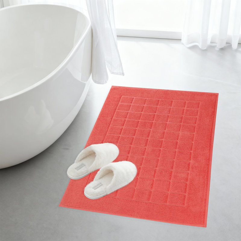 100% Cotton Thick & Absorbent Reversible Checkered Bath Mats - Set Of 2, Coral