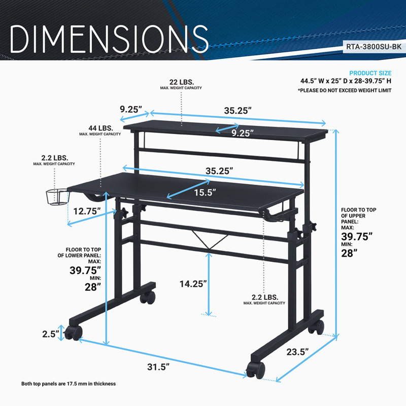 Techni Mobili Rolling Writing Desk With Height Adjustable Desktop And Moveable Shelf, Black
