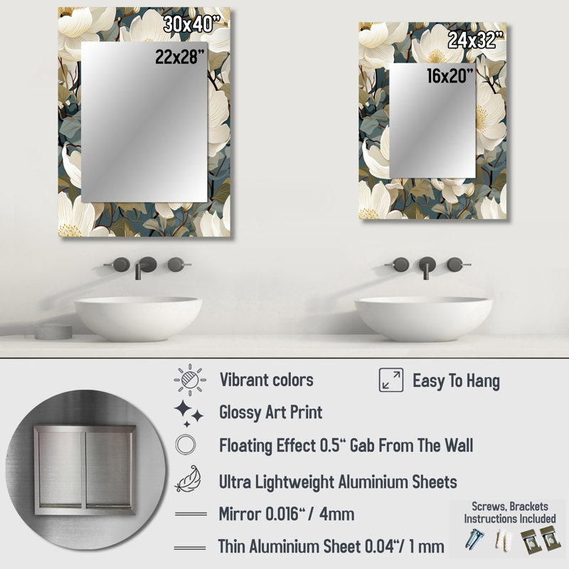 Fleurs blanches et vertes Delanne - miroir décoratif floral, miroir mural floral, impression d'art en métal, 40 po x 30 po