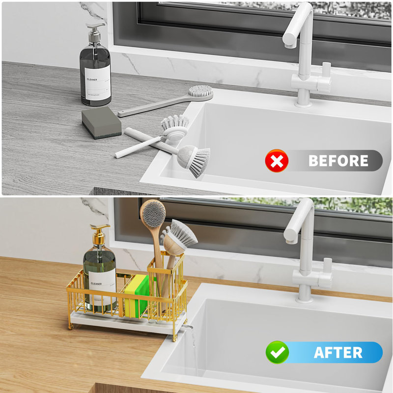 A-Stainless Steel Sink Sponge Holder, Countertop Mount, Space Saving And Durable, Gold Incorrect, 6.37" H x 9.25" W x 3.97" D