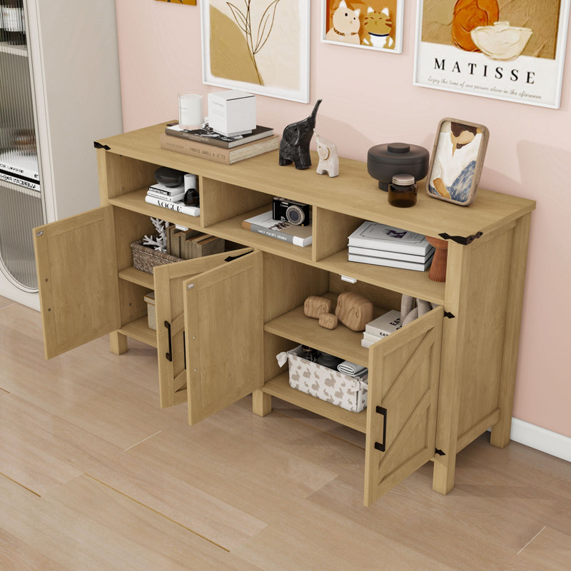 Modern Sideboard Buffet Cabinet with Built-in Power Outlets, Open Storage and Adjustable Shelves, Natural