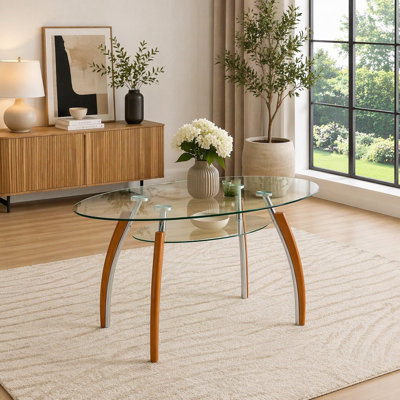 Table basse moderne en verre ovale avec tablette de rangement à 2 niveaux, plateau en verre trempé double couche, pieds en métal et en bois d'hévéa galvanisé pour le salon (1 table) (table seulement)
