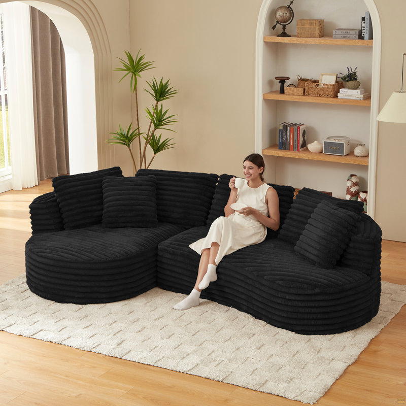 Curved L-Shape Sectional Oversized Sofa, Black Corduroy