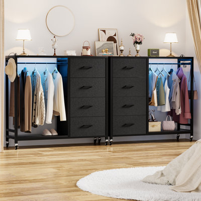 Nasin 4 Drawers Dresser with Clothes Rack, Charging Station and LED Lights