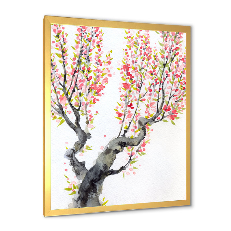Printemps, fleurs rouges sur des branches d'arbre - Peinture sur toile encadrée, H 20 po x l 12 po x P 1po, Encadrement doré