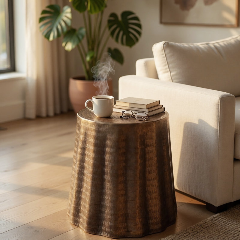 Liora Contemporary Accent Table, Handcrafted Hammered Aluminum Side Table in Bronze Finish