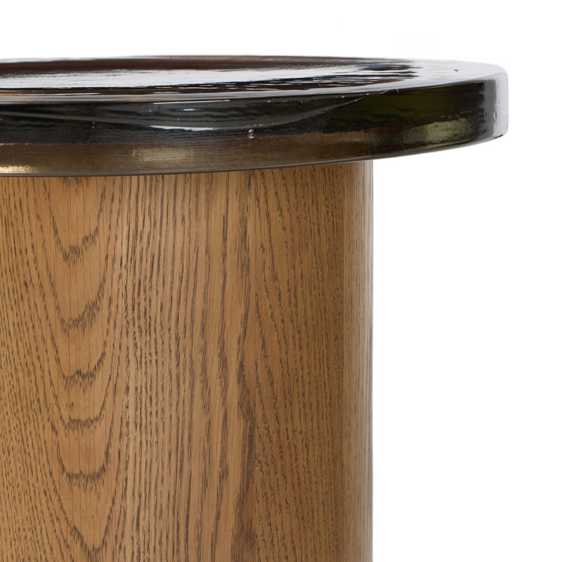 Shira Small End Table-Light Brown Oak, Smoked Brown Cast Glass
