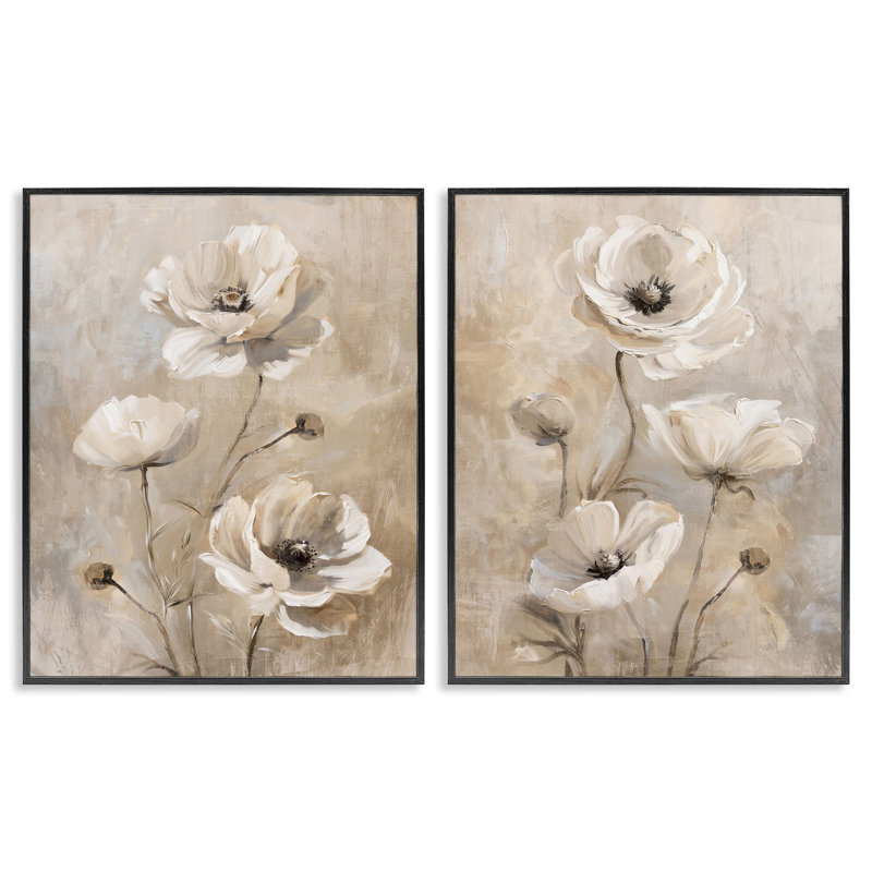  «Neutral Toned Flora», ensemble de 2 estampes numériques par Nina Blue, H 14 po x l 11 po, Giclée encadrée noir minuit