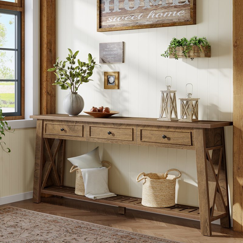 Console 70,87 po avec 3 tiroirs et tablettes, canapé-lit long en bois de style campagnard pour le salon, le vestibule et le couloir