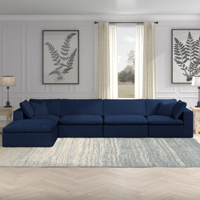 Burrows Upholstered L-Shaped Sectional Reversible, Navy Linen Textured Fabric