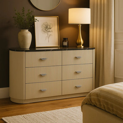 Trex Dresser, 63 Inch, 6 Reeded Drawers With Black Faux Marble Top, Beige