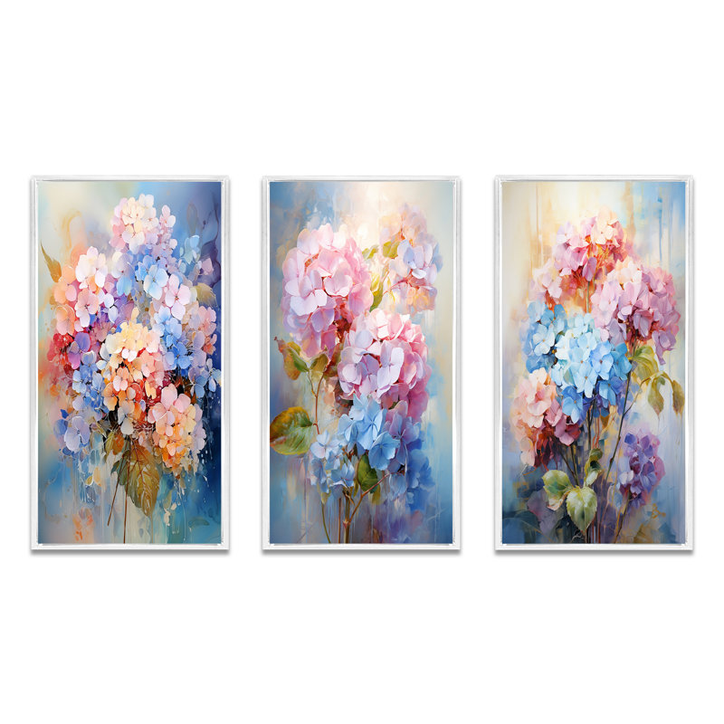 «Delicate Hydrangea Bouquet Tender Pastel», 3 pièces, Cadre flottant blanc, H 28 po x l 36 po