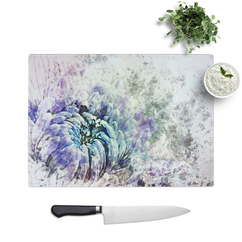 Glass Lilac & Blue Chrysanthemum in Abstract Chopping Board, 39 cm W x 28.5 cm L
