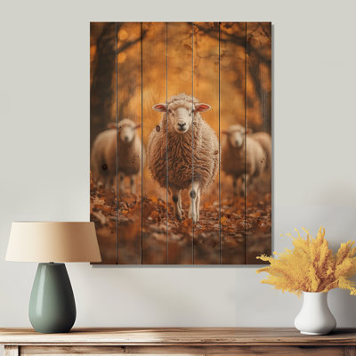 «Autumn Wanderers Sheep Portrait II» - Art mural en bois de mouton - sur bois de pin naturel