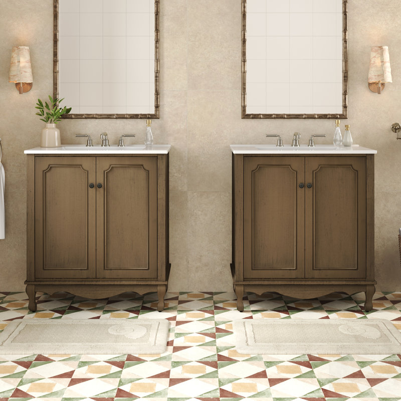 Ensemble de meuble-lavabo à double cuve avec design rétro, lavabos en céramique et tablettes réglables pour un rangement élégant
