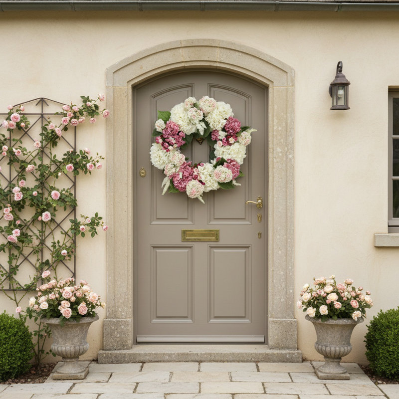 24" Hydrangea Wreath with Ranunculus and Viburnum