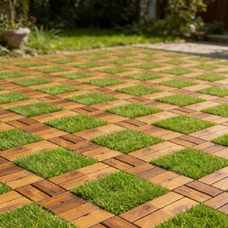 Carreaux de terrasse en gazon artificiel et en bois d'acacia (paquet de 30, 12 po x 12 po) - Planchers hybrides intérieur / extérieur pour patio, balcon et pelouse - Installation facile par encliquetage, sans outils, toutes saisons et animaux de compagnie