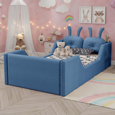 Upholstered Platform Bed with Rabbit Cushion, Kids Floor Bed with Removable Side Rails and Soft Teddy Fabric(Mattress Not Included)