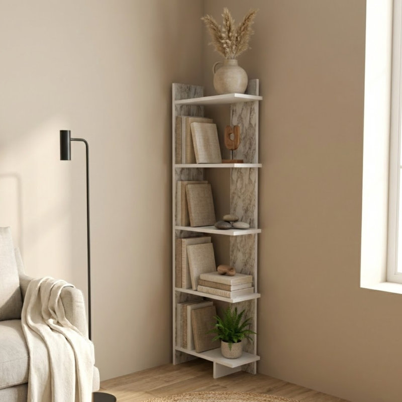 Deddrick Corner Bookcase, (5 Shelves) 67" H x 18" W x 9" D, Ephesus Marble/White;