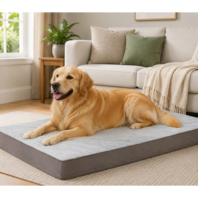 Lit de cage imperméable et lavable gris de 35 x 22 pouces pour chiens moyens, utilisant une mousse alvéolée de 3 pouces pour un soutien orthopédique, une surface douce en velours rose, un tissu imperméable à 3 plis, une housse amovible et une base antidérapante.
