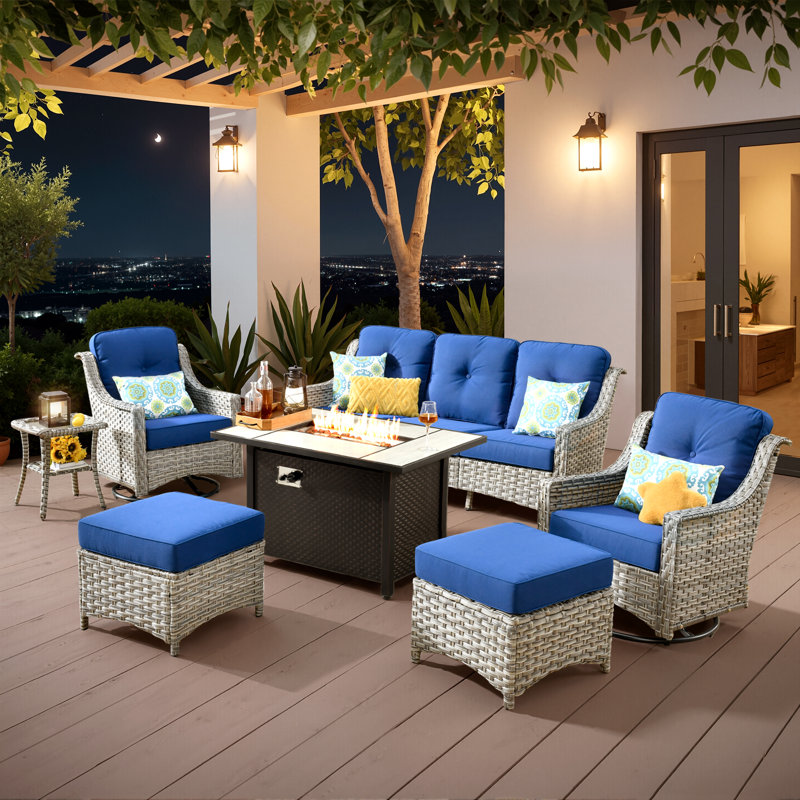 Harper Outdoor 7 Piece Patio Furniture With Fire Pit Table,wicker Conversation Set With Swivel Chairs, Comfy Deep Sofa With Ottoman For Outside Porch Balcony Backyard Pool