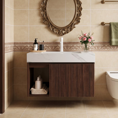 30" Floating Bathroom Vanity with Sintered Stone Top, Fluted Reeded Cabinet Doors, Walnut Woodgrain