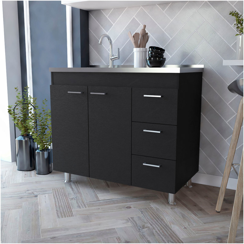 Armoire en mélamine Darien, trois tiroirs et plateau en acier inoxydable.